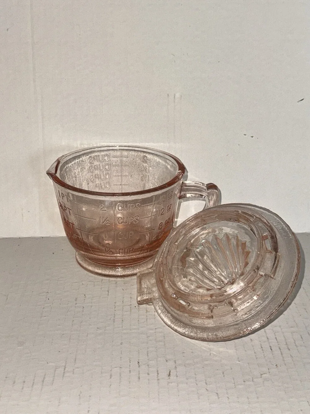 Vintage Pink Depression Glass 2 Cup Measuring Juicer Reamer Citrus Set